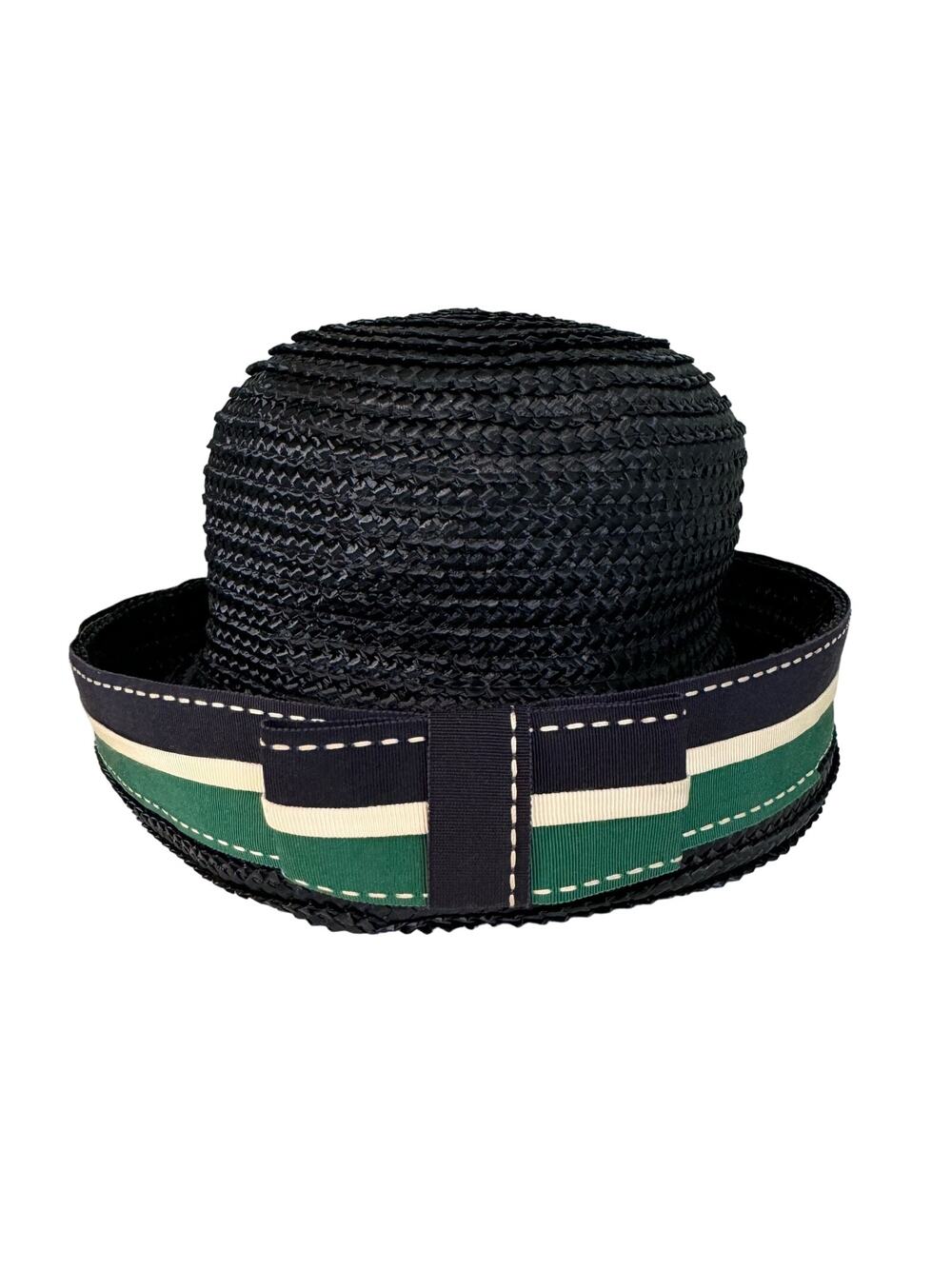 Vintage BABS Originals Fedora Straw Sun Hat Brimmed Ribbon Bow Handmade Black